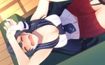  1girl =_= agano_(kantai_collection) anchor_symbol asymmetrical_legwear black_hair black_sailor_collar breasts cleavage closed_eyes couch cowboy_shot from_above garter_straps gloves gloves_removed kantai_collection long_hair lying medium_breasts necktie open_mouth pleated_skirt red_skirt sailor_collar school_uniform serafuku single_thighhigh skirt sleeveless solo tanaka_io_(craftstudio) thigh-highs tired white_gloves 