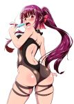  1girl ass back blush food girls_frontline hair_ribbon highres looking_at_viewer looking_back one-piece_swimsuit open_mouth ponytail popsicle purple_hair ribbon simple_background skindentation swimsuit ubo_db wa2000_(girls_frontline) white_background 