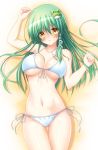  1girl ass_visible_through_thighs bikini blush breasts breasts_apart commentary_request eyes_visible_through_hair frog_hair_ornament green_hair hair_between_eyes hair_ornament highres kochiya_sanae large_breasts long_hair looking_at_viewer navel open_mouth osashin_(osada) side-tie_bikini simple_background snake_hair_ornament solo stomach swimsuit thigh_gap thighs touhou white_bikini yellow_eyes 