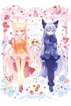  2girls ahoge animal_ears artist_name blazer blonde_hair blue_eyes blue_hair blue_legwear blue_skirt blush bow brown_eyes checkerboard_cookie closed_mouth cookie copyright_name cup eyebrows_visible_through_hair ezo_red_fox_(kemono_friends) flower food fox_ears fox_tail fruit full_body gloves hair_between_eyes heart ie_(nyj1815) jacket kemono_friends knife long_hair long_sleeves looking_at_viewer macaron multiple_girls necktie pantyhose parted_lips petals plate pudding purple_bow rose shoes silver_fox_(kemono_friends) skirt smile spoon standing steak strawberry sugar_cube tail teacup very_long_hair white_skirt wrapped_candy yellow_legwear 