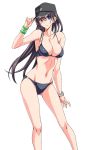  1girl baseball_cap bikini black_bikini black_hair black_hat blue_eyes breasts collarbone feet_out_of_frame hat highres imamura_saeka large_breasts long_hair looking_at_viewer navel original simple_background solo standing suzutsuki_kurara swimsuit watch watch white_background wristband 