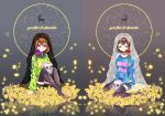  2others black_legwear black_shorts blue_shirt chara_(undertale) closed_eyes closed_mouth collarbone constellation english eyebrows_visible_through_hair flower frisk_(undertale) glowing glowing_petals green_shirt ie_(nyj1815) long_sleeves looking_at_viewer multiple_others no_shoes parted_lips petals purple_flower purple_rose red_eyes red_flower red_rose reflection rose shirt short_hair shorts sitting skull smile striped striped_shirt thigh-highs thorns undertale veil wariza 