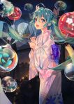  1girl ahoge fan fang floating_hair from_side green_eyes green_hair hair_between_eyes haitang hatsune_miku japanese_clothes long_hair looking_at_viewer night open_mouth outdoors paper_fan sidelocks solo twintails uchiwa very_long_hair vocaloid wind_chime 