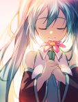  1girl aqua_hair backlighting closed_eyes detached_sleeves flower hatsune_miku holding holding_flower kawaii2penguin long_hair necktie smile solo twintails upper_body vocaloid 