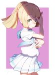  1girl blonde_hair commentary_request creatures_(company) from_side game_freak green_eyes highres lillie_(pokemon) long_hair looking_to_the_side nintendo pokemon pokemon_(game) pokemon_sm ponytail pose purple_background shamonabe shirt short_sleeves simple_background skirt solo white_shirt white_skirt 