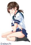  1girl black_legwear blue_skirt blush breasts brown_eyes brown_hair crying crying_with_eyes_open ebifurya eyebrows_visible_through_hair highres kantai_collection kneehighs lifted_by_self long_hair looking_at_viewer miniskirt no_panties no_shoes open_mouth sailor_collar school_uniform serafuku shirayuki_(kantai_collection) short_sleeves simple_background sitting skirt skirt_lift small_breasts solo tears twintails wariza white_background 