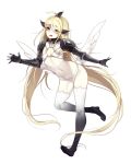  1girl :d blonde_hair blue_eyes commentary english_commentary flat_chest full_body gradient_legwear hair_between_eyes heterochromia horns leaning_forward long_hair looking_at_viewer low_wings navel o-ring o-ring_top open_mouth original panties red_pupils smile solo teru_(renkyu) thigh-highs underwear very_long_hair white_panties wings yellow_eyes 