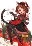  1girl alternate_costume animal_ears bangs bell bow braid brown_hair cat_ears cat_tail chen dress earrings eyebrows_visible_through_hair fang flower food frills fruit hair_flower hair_ornament hat heart highres holding ibaraki_natou jam jar jewelry jingle_bell lace looking_at_viewer multiple_tails open_mouth red_dress red_eyes red_footwear short_hair side_braid simple_background sitting solo strawberry tail thigh-highs touhou white_background wrist_cuffs 