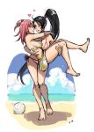  2girls absurdres ball bare_arms bare_legs bare_shoulders barefoot beach beach_volleyball bikini black_eyes black_hair blush breasts brown_eyes carrying cleavage clouds day dead_or_alive dead_or_alive_5 eyebrows_visible_through_hair floral_print hands_up happy heart highres honoka_(doa) large_breasts long_hair mariel_cartwright momiji_(ninja_gaiden) multiple_girls ninja_gaiden outdoors pink_hair ponytail princess_carry sand side-tie_bikini side_ponytail sideboob sky smile standing sweat swimsuit thighs volleyball white_bikini 