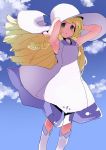  1girl armpits arms_up bangs bare_arms blonde_hair blue_sky braid clouds creatures_(company) day dress floating_hair game_freak green_eyes hat highres kobo_(cobo_0609) lillie_(pokemon) long_hair looking_at_viewer nintendo open_mouth outdoors pokemon pokemon_(game) pokemon_sm see-through sky sleeveless sleeveless_dress solo straight_hair sun_hat twin_braids white_dress white_hat 