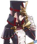  1girl arm_behind_back black_capelet black_hair capelet closed_mouth emblem gloves hair_between_eyes high_collar long_sleeves looking_away meleph_(xenoblade) military military_uniform misu_kasumi nintendo short_hair_with_long_locks shoulder_armor sidelocks simple_background solo uniform upper_body weapon white_background white_gloves wing_collar xenoblade_(series) xenoblade_2 