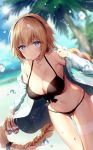 1girl ahoge alternate_costume bangs beach bikini black_bikini blonde_hair blue_sky blurry blurry_background blush braid breasts cleavage closed_mouth clouds collarbone eyebrows_visible_through_hair fate/grand_order fate_(series) groin hair_between_eyes hair_ornament hair_scrunchie hairband holding holding_shoes jacket jeanne_d&#039;arc_(fate)_(all) large_breasts leg_garter light_particles long_hair long_sleeves looking_at_viewer navel necomi ocean open_clothes open_jacket palm_tree sand sandals sandals_removed scrunchie shoes sidelocks signature single_braid sky smile solo sparkle stomach sunlight swimsuit thighs tree very_long_hair wet yellow_eyes 