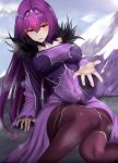  1girl awu bangs blush breasts clouds cloudy_sky covered_navel dress eyebrows_visible_through_hair fate/grand_order fate_(series) fur_trim hair_between_eyes highres knees_together_feet_apart large_breasts long_hair looking_at_viewer mountain open_mouth outdoors outstretched_hand purple_dress purple_hair red_eyes scathach_(fate)_(all) scathach_skadi_(fate/grand_order) sky solo tiara wide_sleeves 