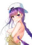  1girl absurdres bb_(fate)_(all) bb_(swimsuit_mooncancer)_(fate) blush braid breasts closed_mouth eyebrows_visible_through_hair fate/grand_order fate_(series) hat highres k1np large_breasts long_hair purple_hair red_eyes simple_background single_braid solo star swimsuit upper_body white_background white_hat 