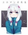  1girl blue_eyes blue_jacket blush bow closed_mouth copyright_name doodle eromanga_sensei eyebrows_visible_through_hair hair_bow izumi_sagiri jacket long_hair looking_at_viewer pink_bow solo teru_(renkyu) upper_body white_hair 