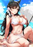  1girl animal_ears arm_support artist_name atago_(azur_lane) azur_lane bangs beach beach_umbrella bikini black_hair blush breasts brown_eyes collarbone commentary_request day flower grin hair_flower hair_ornament highres knee_up large_breasts long_hair looking_at_viewer mole mole_under_eye nail_polish navel outdoors parted_lips partially_submerged red_nails sakiyamama signature sitting skindentation smile solo strap_pull swept_bangs swimsuit umbrella white_bikini white_umbrella 