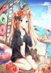  abigail_williams_(fate/grand_order) absurdres animal animal_on_head bangs bare_legs barefoot beach bikini black_jacket blonde_hair blue_bikini blue_eyes blue_sky blush bow closed_mouth clouds collarbone commentary_request crazy_straw crossed_bandaids day drinking_straw dutch_angle eyebrows_visible_through_hair fate/grand_order fate_(series) flower hair_bow hair_flower hair_ornament hands_up heart_straw highres hood hood_down hooded_jacket horizon innertube jacket long_hair long_sleeves navel ocean octopus on_head orange_bow outdoors parfait parted_bangs red_flower rock rot_zzi sand sitting sky sleeves_past_fingers sleeves_past_wrists smile stuffed_animal stuffed_toy swimsuit teddy_bear twintails very_long_hair wariza water yellow_flower 