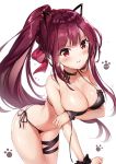  1girl alternate_costume alternate_hairstyle artist_name ass bangs bikini black_bikini black_ribbon blush braid breasts cleavage closed_mouth collarbone commentary covered_nipples crown_braid embarrassed eyebrows_visible_through_hair floating_hair girls_frontline hair_ribbon large_breasts leaning_forward long_hair looking_at_viewer narae neck_ribbon paw_print ponytail purple_hair red_eyes red_ribbon ribbon scrunchie shiny shiny_skin side-tie_bikini sidelocks simple_background skindentation solo stomach swimsuit tearing_up thigh_strap thighs tsurime untied_bikini_top very_long_hair wa2000_(girls_frontline) wardrobe_malfunction white_background wrist_scrunchie 
