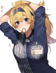  1girl alternate_costume alternate_hairstyle amakaze arms_up bangs blonde_hair blue_eyes blue_hairband blue_shirt blush breast_pocket breasts buttons character_name collared_shirt eyebrows_visible_through_hair flying_sweatdrops gambier_bay_(kantai_collection) hair_between_eyes hair_tie hair_tie_in_mouth hairband highres holding holding_hair kantai_collection large_breasts lawson long_hair messy_hair mouth_hold name_tag pen pocket ponytail shirt short_sleeves sidelocks simple_background solo sweat tearing_up twintails tying_hair upper_body white_background 