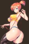  ass black_background black_legwear breasts creatures_(company) earrings game_freak green_eyes jewelry kasumi_(pokemon) large_breasts nagase_haruhito nintendo orange_hair pokemon side_ponytail suspenders thigh-highs 