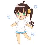  1girl :d bangs barefoot blue_shorts blush_stickers brown_hair chibi eyebrows_visible_through_hair flower green_eyes hair_between_eyes hair_flower hair_ornament head_tilt long_hair looking_at_viewer niizato_aoi non_non_biyori open_mouth shika_(s1ka) shirt short_shorts short_sleeves shorts side_ponytail simple_background smile solo standing standing_on_one_leg sunflower_hair_ornament white_background white_shirt yellow_flower 