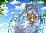  1girl absurdres aqua_hair artist_request blue_sky closed_eyes clouds day dress flower happy hat hatsune_miku highres leaf long_hair open_mouth outdoors sky smile solo standing sunflower twintails very_long_hair vocaloid white_dress 