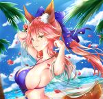  1girl animal_ear_fluff animal_ears armpits arms_up bangs bare_shoulders beach bikini blue_bikini blue_bow blue_sky blurry blurry_foreground bow breasts brown_eyes clouds collarbone commentary_request day depth_of_field dutch_angle eyebrows_visible_through_hair fate/extra fate_(series) flower fox_ears fox_girl fox_tail hair_between_eyes hair_bow hair_flower hair_ornament large_breasts long_hair melynx_(user_aot2846) o-ring o-ring_top ocean outdoors palm_tree parted_lips petals pink_hair red_flower revision sand see-through sky smile solo swimsuit tail tamamo_(fate)_(all) tamamo_no_mae_(fate) tree twintails v-shaped_eyebrows water 