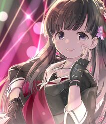  1girl :p akisaka_yamoka backlighting black_jacket blush bow collarbone commentary_request cravat eyebrows_visible_through_hair fingerless_gloves flower gloves hair_bow hair_flower hair_ornament idolmaster idolmaster_cinderella_girls idolmaster_cinderella_girls_starlight_stage jacket jewelry kobayakawa_sae long_sleeves looking_at_viewer necklace sleeves_folded_up solo stage_lights tongue tongue_out upper_body 