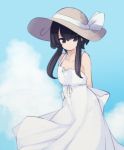  1girl arms_behind_back bangs bare_shoulders black_hair blue_sky brown_hat closed_mouth clouds collarbone commentary_request day dress eyebrows_visible_through_hair hair_between_eyes hat long_hair looking_at_viewer natsuki_teru original outdoors shikibe_ayaka sidelocks sky sleeveless sleeveless_dress smile solo sun_hat white_dress 