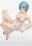 1girl absurdres arm_support bangs barefoot bikini blue_hair blush breasts cleavage closed_mouth commentary english_commentary eyebrows_visible_through_hair front-tie_bikini front-tie_top full_body grey_background grey_eyes highres leaning_back medium_breasts navel original reclining shadow short_hair short_sleeves simple_background smile solo swimsuit wet white_bikini xianluo_zonghe_zheng 