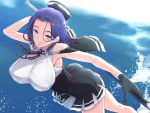  1girl bifidus black_gloves breasts capelet covered_nipples glaive gloves kantai_collection large_breasts mechanical_halo parted_lips purple_hair remodel_(kantai_collection) short_hair skirt solo tatsuta_(kantai_collection) violet_eyes water 