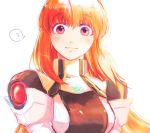 1girl ? bangs closed_mouth elhaym_van_houten eyebrows_visible_through_hair long_hair looking_at_viewer orange_hair pin_(xeno) simple_background smile solo speech_bubble spoken_question_mark straight_hair turtleneck white_background xenogears 
