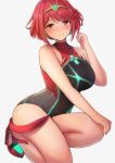  1girl alternate_costume bangs bare_legs bare_shoulders blush breasts casual_one-piece_swimsuit collarbone commentary_request covered_navel earrings eyebrows_visible_through_hair fou_zi from_side high_heels highres pyra_(xenoblade) jewelry kneeling large_breasts looking_at_viewer nintendo one-piece_swimsuit red_eyes red_shorts redhead short_hair shorts sidelocks simple_background solo swept_bangs swimsuit thighs tiara xenoblade_(series) xenoblade_2 
