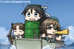  3girls :d ayanami_(kantai_collection) beret black_hair blue_eyes blue_sky boat brown_hair cannon closed_eyes commentary_request dated day drum_(container) flashlight flying_sweatdrops hair_ornament hair_ribbon hairclip hamu_koutarou hat headgear in_container kantai_collection katsuragi_(kantai_collection) long_hair maya_(kantai_collection) multiple_girls ocean open_mouth ponytail remodel_(kantai_collection) ribbon side_ponytail sky smile sunglasses sweat watercraft white_ribbon 