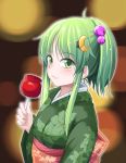  1girl ahoge alternate_hairstyle bangs blurry blurry_background blush bokeh candy_apple commentary_request crescent crescent_hair_ornament depth_of_field eyebrows_visible_through_hair floral_print food from_side green_eyes green_hair hair_ornament hair_up holding ichimi japanese_clothes kantai_collection kimono long_hair looking_at_viewer looking_to_the_side nagatsuki_(kantai_collection) obi print_kimono sash sidelocks smile solo updo upper_body wide_sleeves yukata 