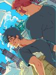  2boys basket blue_hair carrying_under_arm clothesline clouds cloudy_sky dutch_angle grey_eyes highres kekkai_sensen klaus_von_reinhertz looking_back male_focus multiple_boys plant redhead scar shirt sky smile steven_a._starphase t-shirt upper_body 