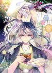  2boys artist_name blue_eyes cup drinking_glass floral_print gloves hair_ribbon hand_on_shoulder hat holding holding_cup long_hair looking_at_viewer male_focus multiple_boys original pale_skin ponytail ribbon takewakamaru upper_body white_gloves white_hair white_hat 