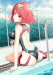  1girl commentary_request from_behind highres pyra_(xenoblade) joko_jmc looking_at_viewer nintendo red_eyes redhead short_hair solo swimsuit xenoblade xenoblade_(series) xenoblade_2 