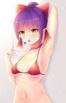  1girl arm_up armpits bangs bikini blush bow breasts brown_background choker collarbone covered_nipples endsmall_min eyebrows_visible_through_hair fingernails gegege_no_kitarou gradient gradient_background grey_background hair_between_eyes hair_bow halter_top halterneck hand_up high_ponytail highres medium_breasts navel nekomusume nekomusume_(gegege_no_kitarou_6) parted_lips ponytail purple_hair red_bikini red_bow red_choker revision sharp_fingernails short_hair sidelocks solo swimsuit very_long_fingernails yellow_eyes 