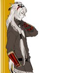 1boy against_wall cosplay costume_switch hand_in_pocket jumpsuit kogitsunemaru long_hair looking_at_another low-tied_long_hair male_focus nihongou_(touken_ranbu) nihongou_(touken_ranbu)_(cosplay) red_eyes sitting touken_ranbu wall white_hair 