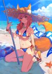  1girl animal_ears beach bikini blue_bikini blue_sky blush bracelet breasts cleavage clouds collarbone day eyebrows_visible_through_hair fate/grand_order fate_(series) fox_ears fox_tail full_body hair_between_eyes hat highres jewelry kneeling lens_flare long_hair looking_at_viewer medium_breasts necklace orange_hair outdoors side-tie_bikini sideboob sky smile solo starfish straw_hat sun_hat swimsuit tail tamamo_(fate)_(all) tamamo_no_mae_(swimsuit_lancer)_(fate) under_boob yellow_eyes yuura 