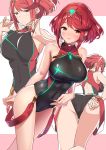  1girl absurdres adjusting_clothes adjusting_swimsuit ass baffu bangs bare_shoulders black_swimsuit breasts covered_navel earrings eyebrows_visible_through_hair hairband hand_on_own_stomach highres pyra_(xenoblade) jewelry large_breasts lifted_by_self multiple_views nintendo one-piece_swimsuit red_eyes redhead short_hair sidelocks smile swept_bangs swimsuit swimsuit_lift xenoblade_(series) xenoblade_2 