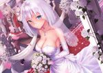  5girls admiral_hipper_(azur_lane) ahoge alternate_costume azur_lane bangs black_legwear blonde_hair blue_eyes blush bouquet breasts bridal_veil bride choker cleavage closed_mouth collarbone commentary cross cross_earrings dress earrings eyebrows_visible_through_hair flower fur_trim gloves graf_zeppelin_(azur_lane) green_eyes hair_between_eyes hat headgear holding holding_bouquet iron_cross jewelry konigsberg_(azur_lane) large_breasts long_hair looking_at_viewer military military_uniform mole multiple_girls pantyhose peaked_cap petals prinz_eugen_(azur_lane) red_carpet red_eyes revision rose ryuinu short_hair side_cutout silver_hair skirt smile strapless strapless_dress thigh-highs tirpitz_(azur_lane) two_side_up uniform veil very_long_hair wedding wedding_dress white_dress white_flower white_gloves white_rose 