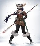  1girl absurdres armor black_hair facial_mark glaive highres long_hair mask original skirt snow solo sword weapon whisker_markings youguang_liangliang 