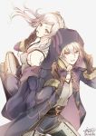  1boy 1girl atoatto back-to-back bangs bare_shoulders belt black_gloves buckle cloak commentary_request finger_to_cheek fire_emblem fire_emblem:_kakusei fire_emblem_heroes from_above gloves hair_between_eyes holding_hoodie hood legs_crossed looking_back looking_up my_unit_(fire_emblem:_kakusei) nintendo pants parted_lips red_eyes robe short_hair silver_hair tank_top twintails 