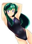  1girl absurdres armpits arms_behind_head arms_up black_swimsuit blue_eyes collarbone commentary_request competition_swimsuit covered_navel cowboy_shot green_hair highres horns long_hair looking_at_viewer lum makeup nanao_futaba one-piece_swimsuit pointy_ears simple_background smile solo swimsuit urusei_yatsura white_background 