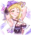  1girl ;p absurdres armpits arms_behind_head asymmetrical_gloves black_gloves blonde_hair blush breasts cleavage cropped_torso elbow_gloves floating_hair gloves green_eyes halterneck hat hat_ribbon highres holding long_hair looking_at_viewer love_live! love_live!_sunshine!! medium_breasts ohara_mari one_eye_closed pink_ribbon purple_hat ribbon shaka_(staito0515) sleeveless solo sun_hat tongue tongue_out upper_body white_background 