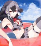  1girl bikini bikini_skirt bikini_top black_hair commentary_request dnsdltkfkd eyebrows_visible_through_hair fang grey_hair hair_between_eyes highres hood hood_down hooded_seal_(kemono_friends) innertube kemono_friends korean_commentary midriff multicolored_hair navel neck_ribbon red_eyes ribbon sailor_collar short_hair solo swimsuit thigh-highs 