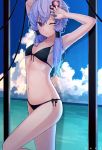  1girl amekaze_yukinatsu arms_up bangs bikini black_bikini blue_hair blue_sky blush breasts closed_mouth clouds commentary_request day front-tie_bikini front-tie_top gradient_hair hair_between_eyes hair_ornament highres horizon long_hair multicolored_hair ocean one_eye_closed purple_hair revision side-tie_bikini sky small_breasts solo standing standing_on_one_leg swimsuit twitter_username violet_eyes voiceroid water wet yuzuki_yukari 