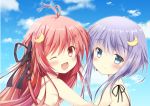  2girls ;d antenna_hair bangs bare_shoulders black_ribbon blue_eyes blue_sky blush clouds commentary_request crescent crescent_hair_ornament day eyebrows_visible_through_hair hair_ornament hair_ribbon honeycute kantai_collection lavender_hair long_hair looking_at_viewer looking_to_the_side multiple_girls one_eye_closed open_mouth outdoors pink_hair red_eyes ribbon short_hair_with_long_locks sky smile tress_ribbon upper_body uzuki_(kantai_collection) yayoi_(kantai_collection) 